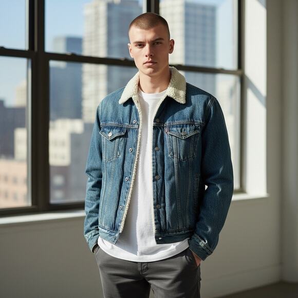 GAP Other - Gap Men's Sherpa Lined Medium Blue Denim Jean Trucker Jacket - Size Medium